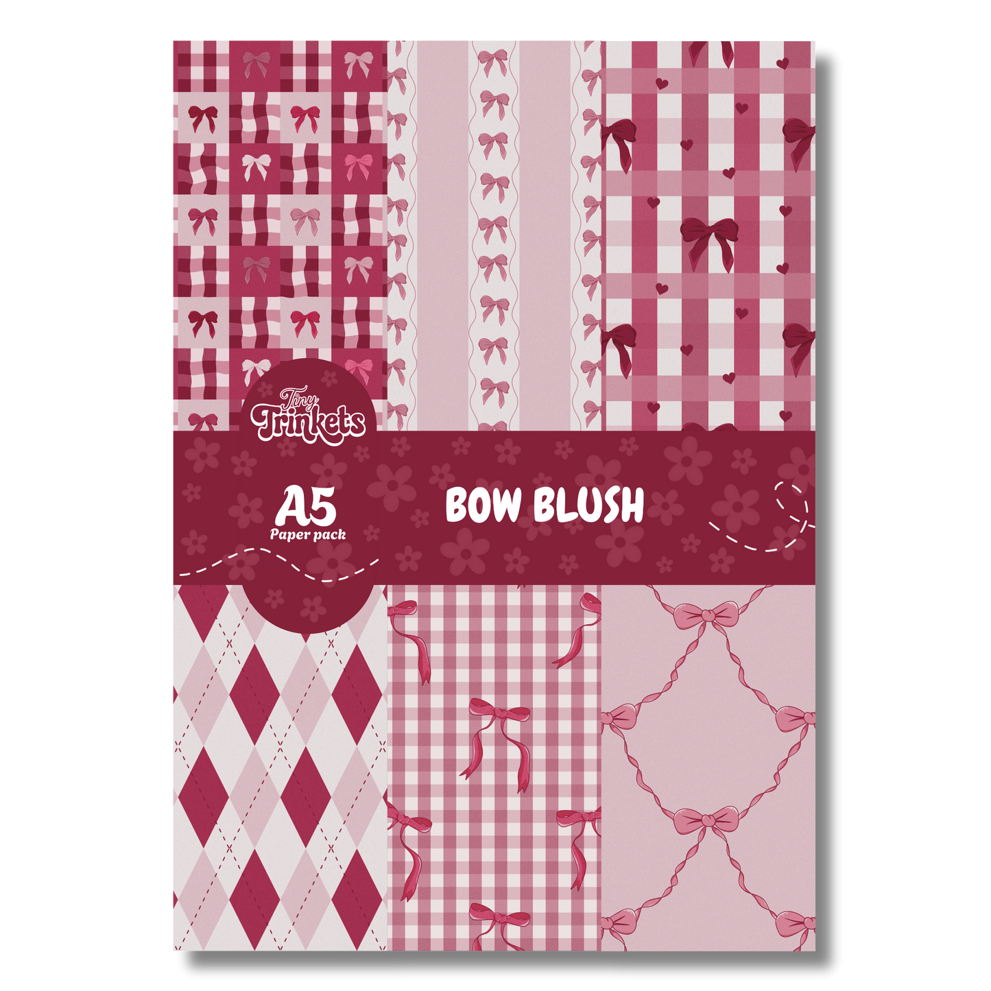 A5 paper pack with blush pink tones and bow-themed illustrated designs