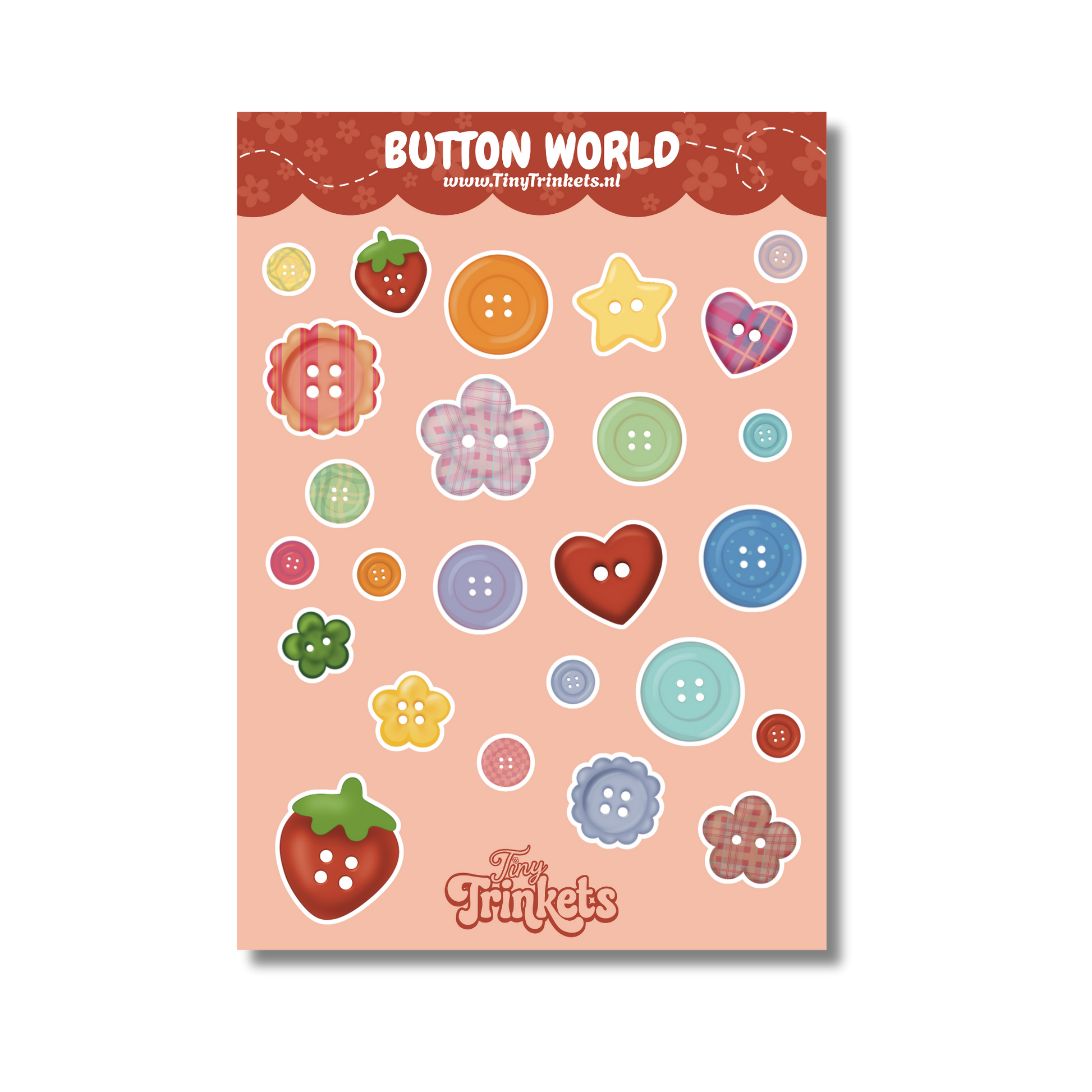 Sticker sheet with colorful button illustrations in various shapes and sizes