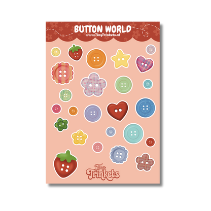 Sticker sheet with colorful button illustrations in various shapes and sizes