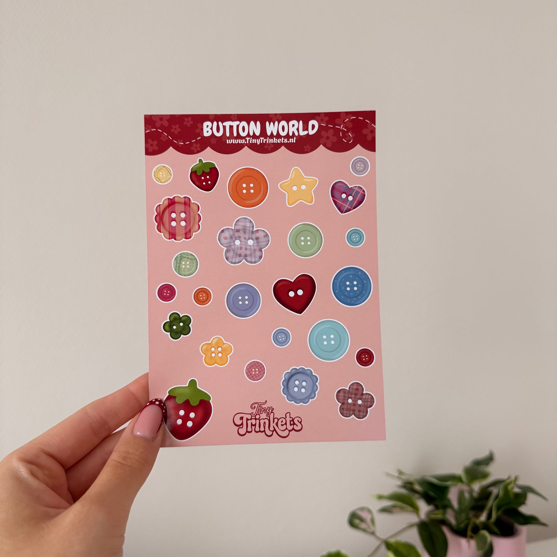 Printed sticker sheet with colorful button designs on glossy paper
