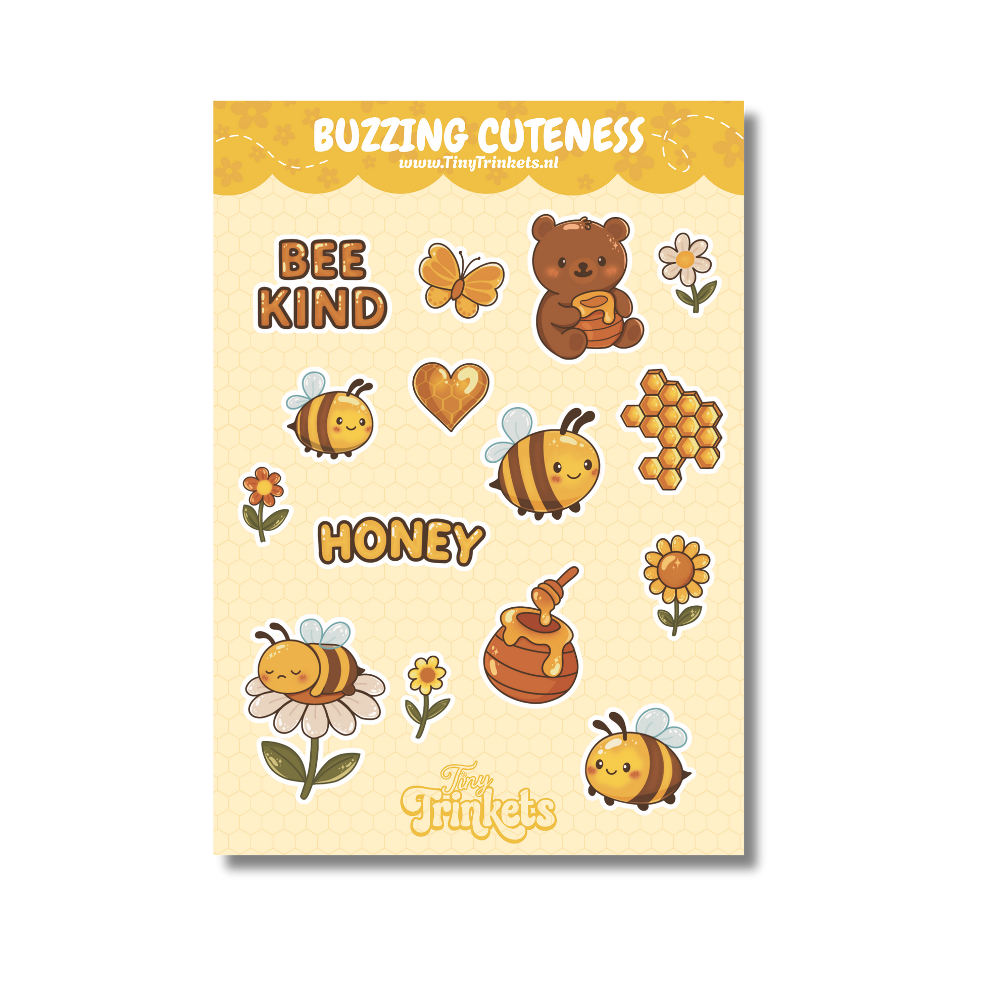 Sticker sheet with cute bees and honey illustrations and cozy decorative details