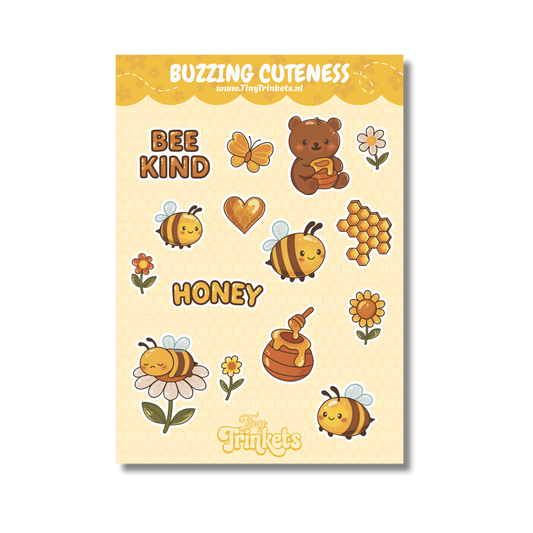 Sticker sheet with cute bees and honey illustrations and cozy decorative details
