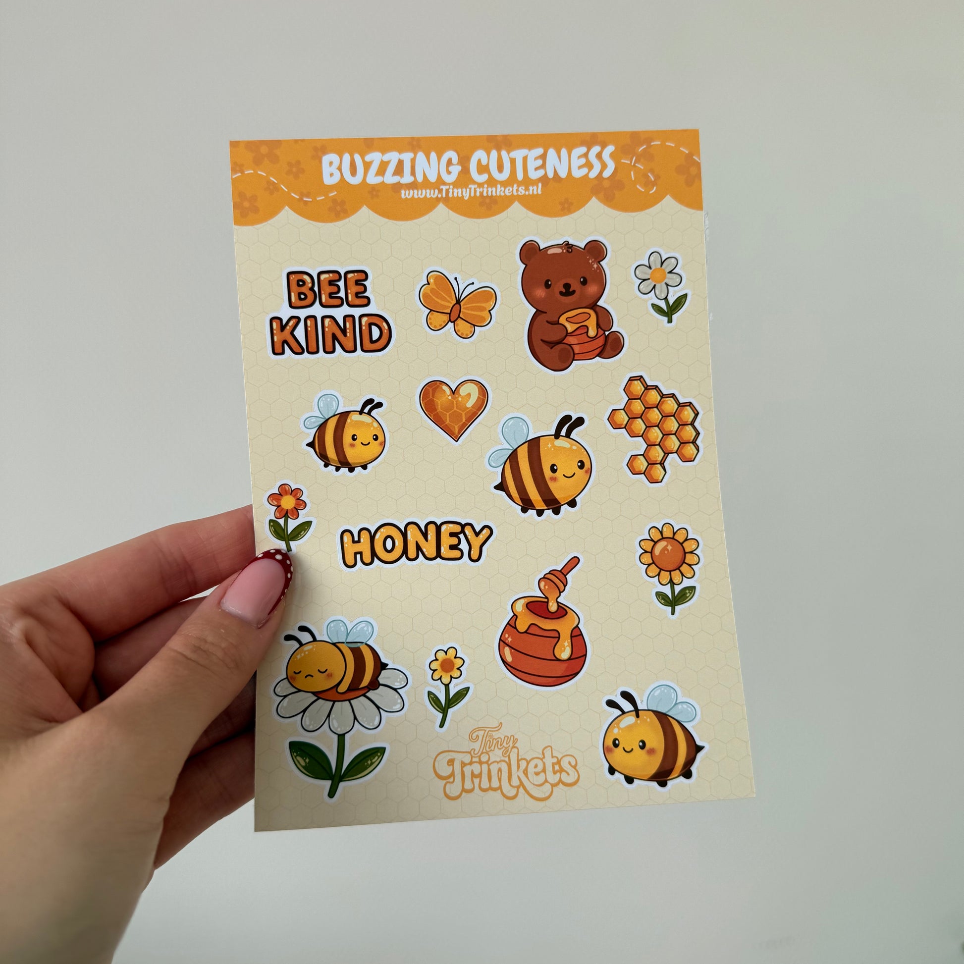 Printed sticker sheet with bees and honey illustrations on glossy paper