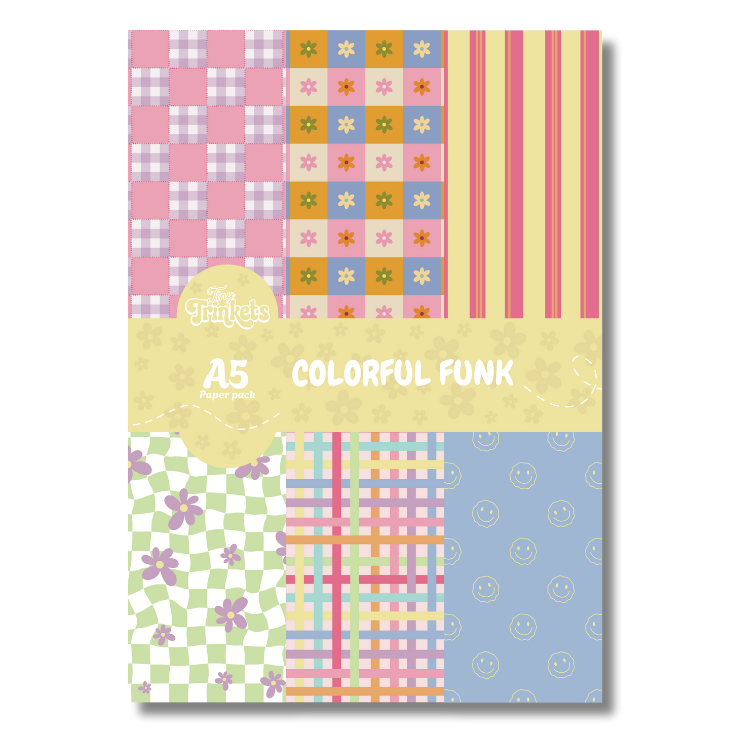 A5 paper pack with bold colorful designs and playful patterns