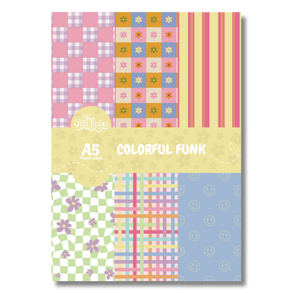 A5 paper pack with bold colorful designs and playful patterns