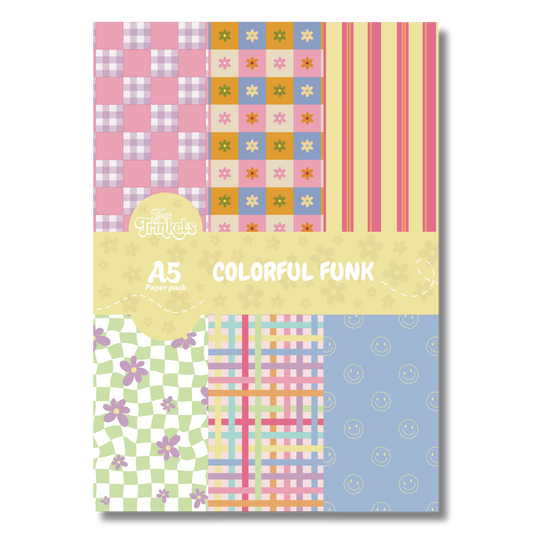 A5 paper pack with bold colorful designs and playful patterns