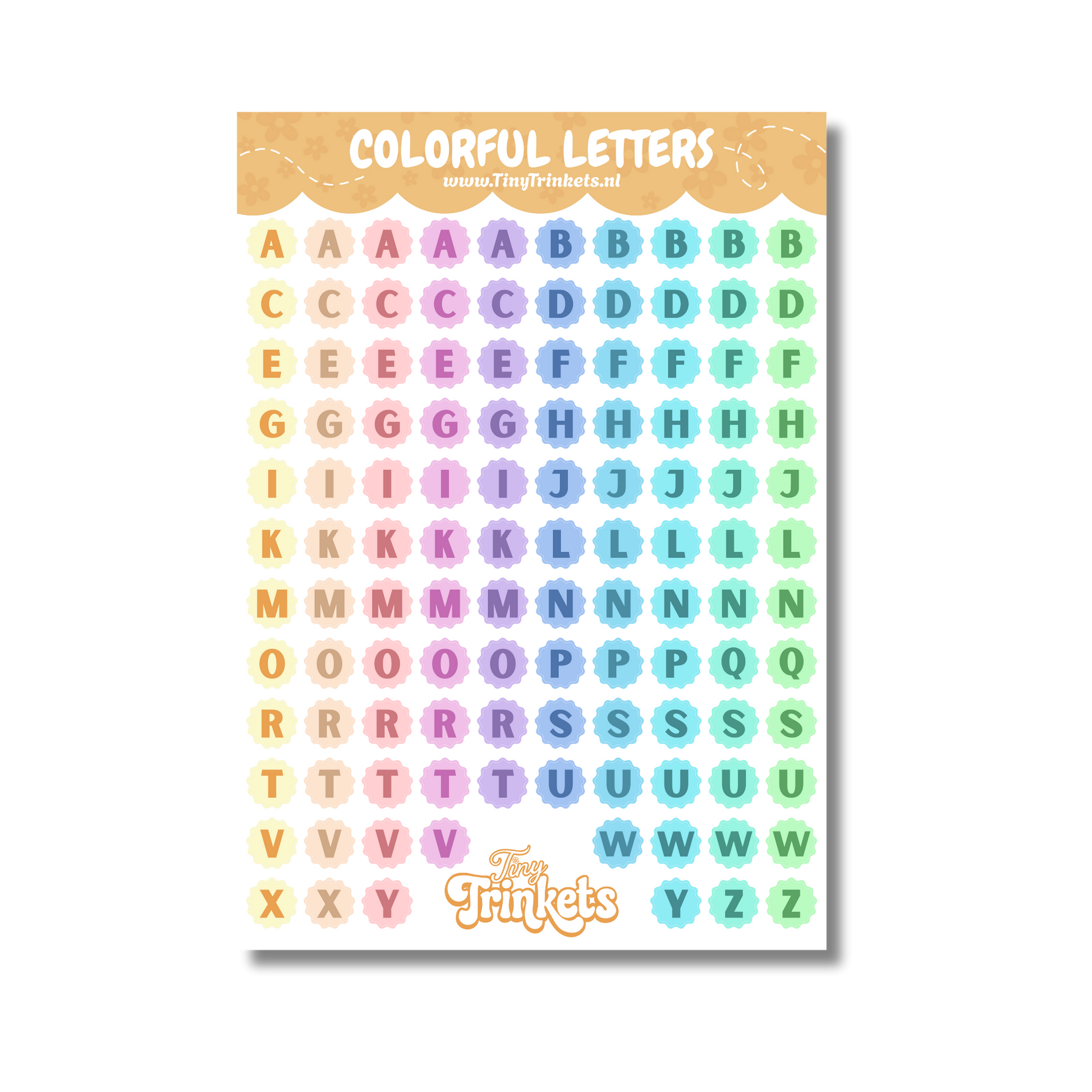 Sticker sheet with colorful alphabet letter stickers