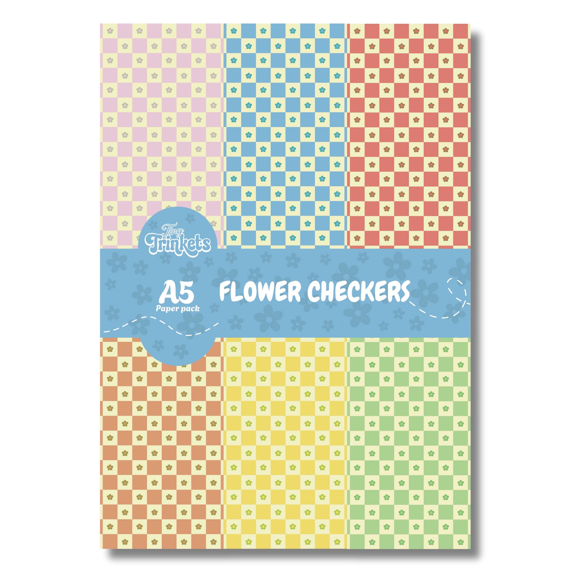 A5 paper pack with small floral details and classic checkered patterns