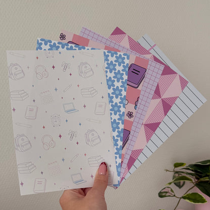Printed A5 journal papers with school-inspired designs on matte paper
