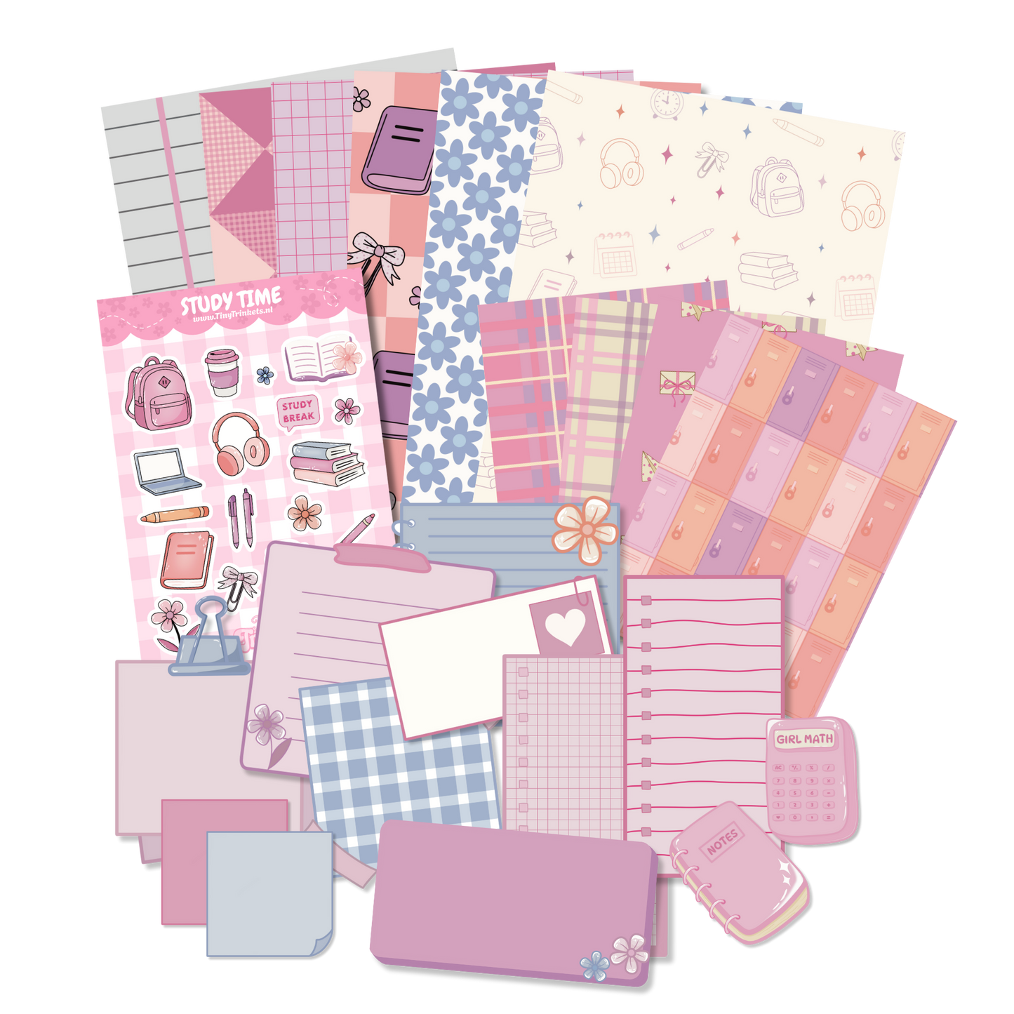 Journal set with school-themed papers, stickers, and cut-outs in soft pink tones