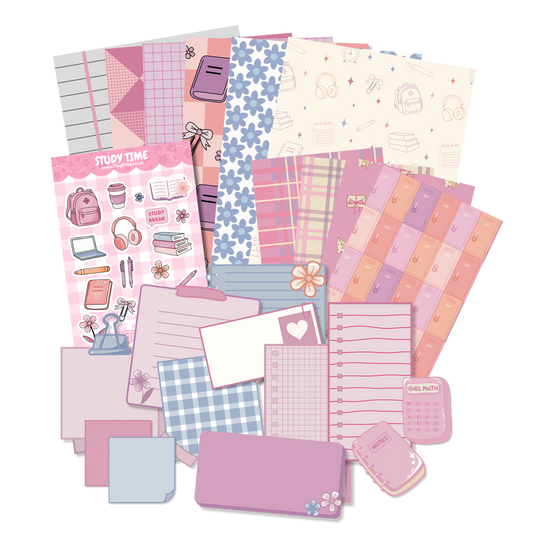 Journal set with school-themed papers, stickers, and cut-outs in soft pink tones