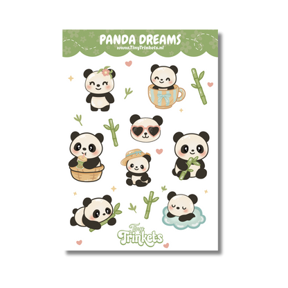 Sticker sheet with cute panda illustrations in a playful and cozy style