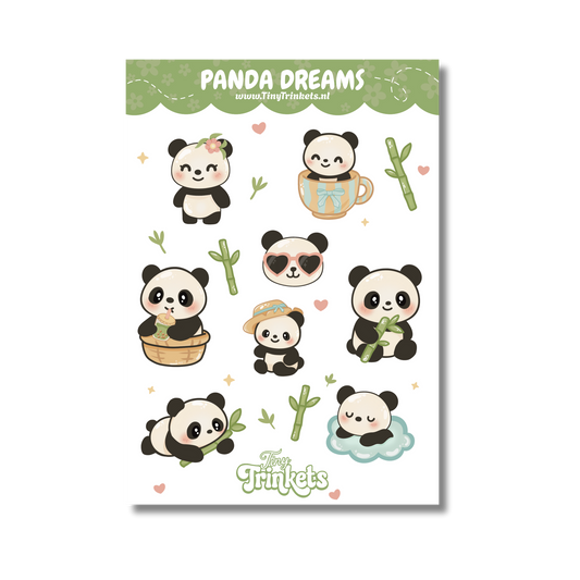 Sticker sheet with cute panda illustrations in a playful and cozy style