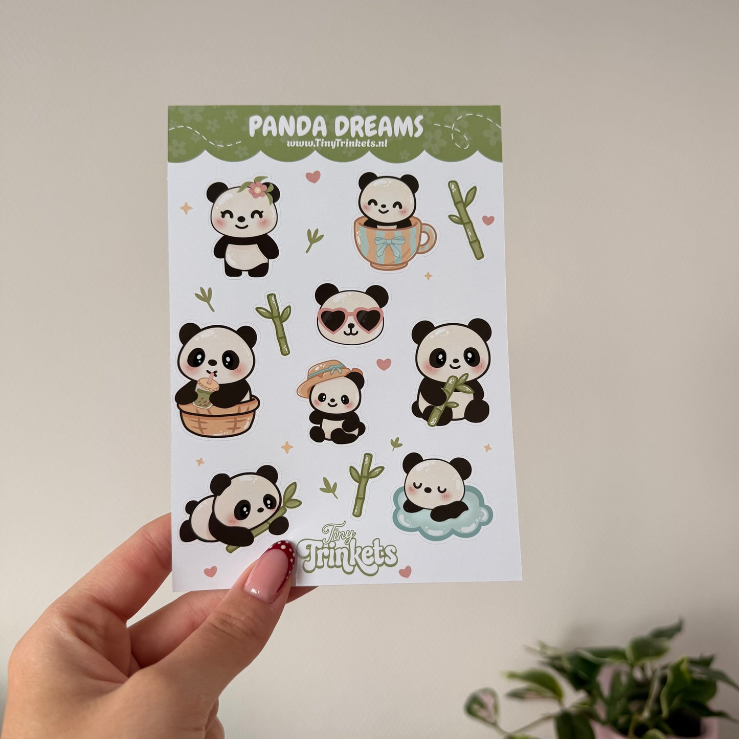 Printed sticker sheet with cute panda illustrations on glossy paper